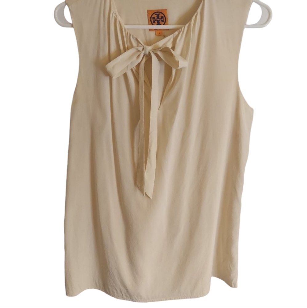 Tory Burch  Sleeveless Cream Tie Neck  Silk Blouse Size 8